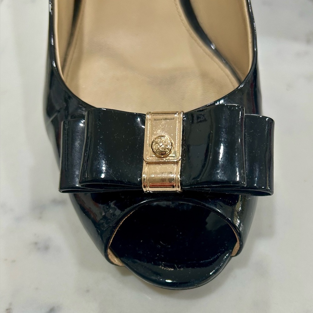 Coach Black Patent Leather Bow Peep-Toe Heels - Picture 4 of 7